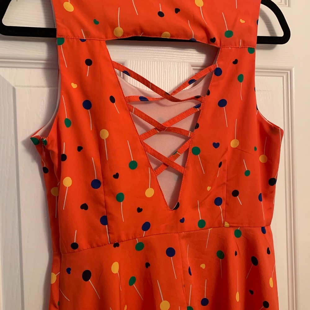 Short, A-line skater dress, Coral with multi print